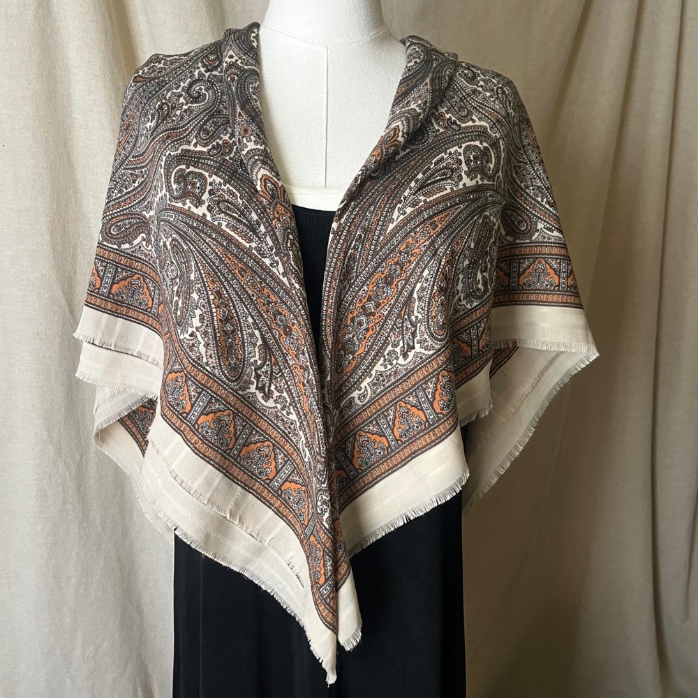 1970s Vintage Gim Renoir Paisley Scarf 45x47 Oversized Square Shawl Brown Cream